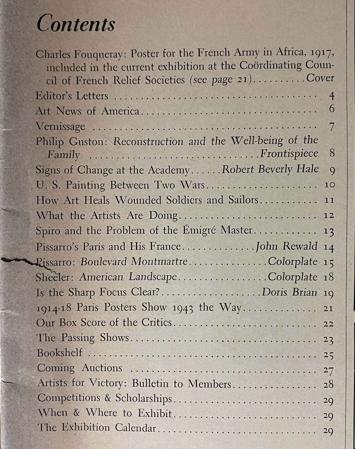Contents page of VTG Art News Magazine March 14, 1943, detailing featured articles including Charles Fouqueray's poster for the French Army in Africa, editor's letters, and various artistic discussions from the wartime period.