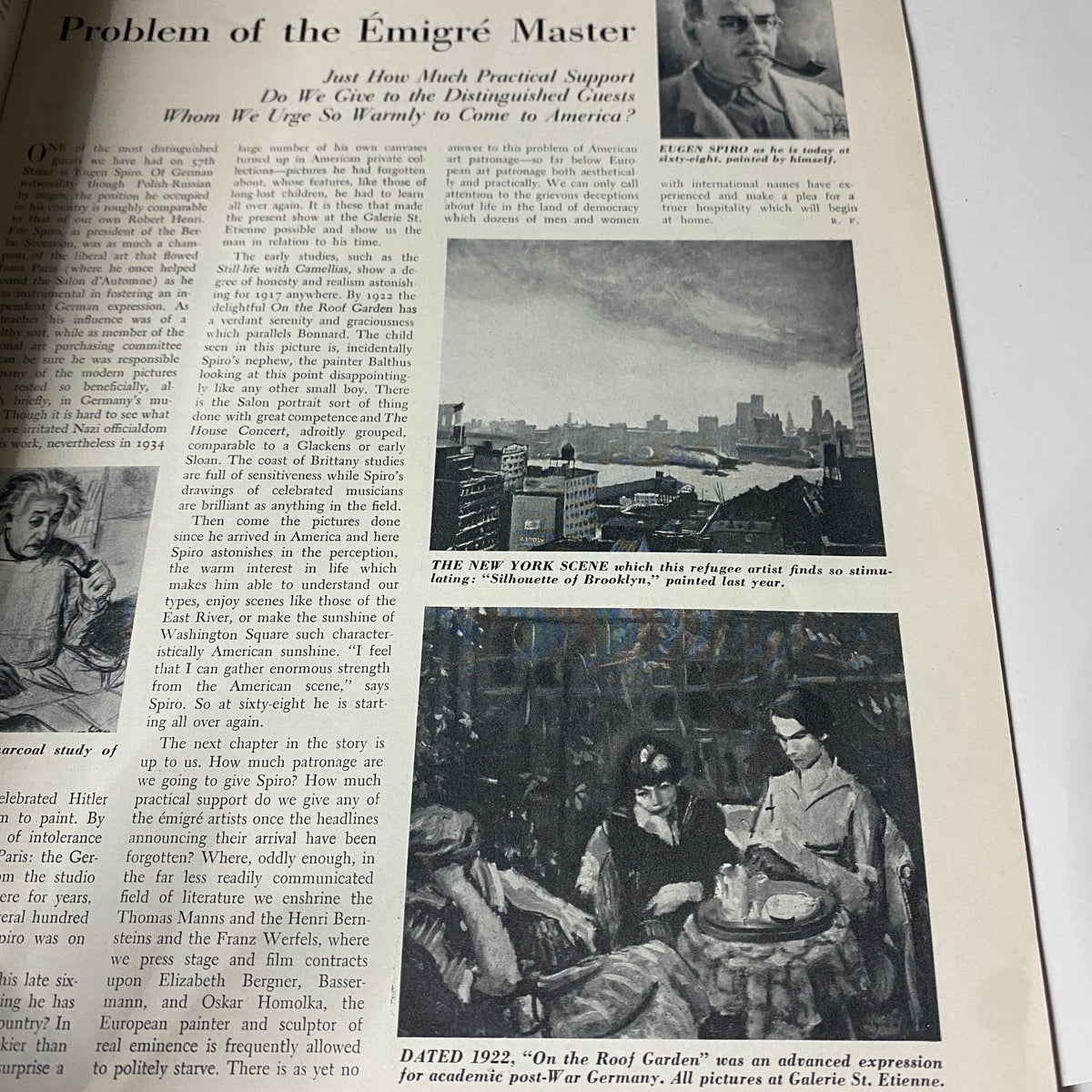 Interior page from VTG Art News Magazine March 14, 1943, featuring images and text discussing the emigre artist Eugen Spiro and his notable works including paintings of the New York scene and advanced expressions of academic post-war Germany.