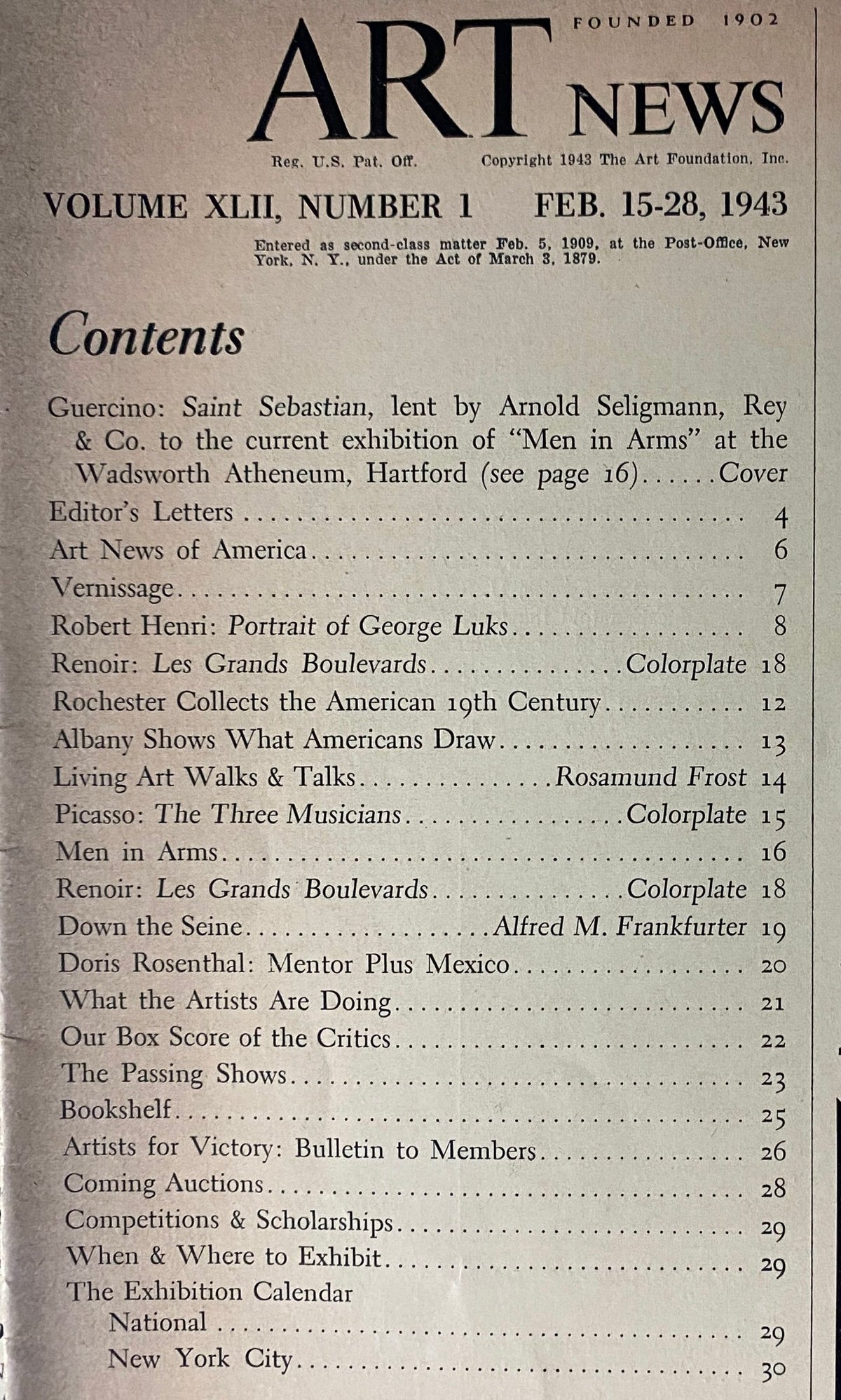 Contents page from the Vintage Art News Magazine February 15, 1943 featuring articles about Guercino, Renoir, and Picasso.