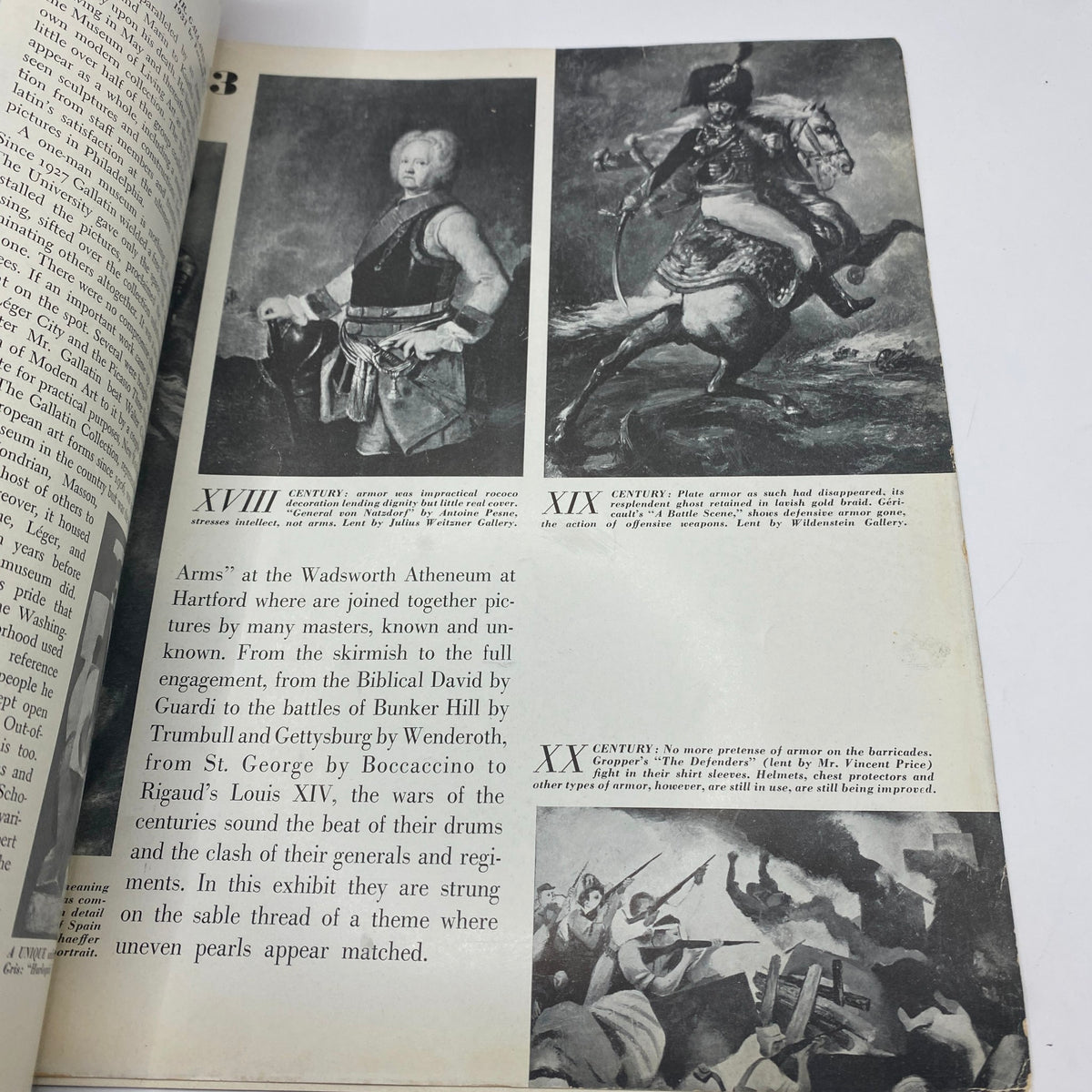 Artistic images within Vintage Art News Magazine February 15, 1943 depicting historical artworks related to 'Men in Arms' exhibition.