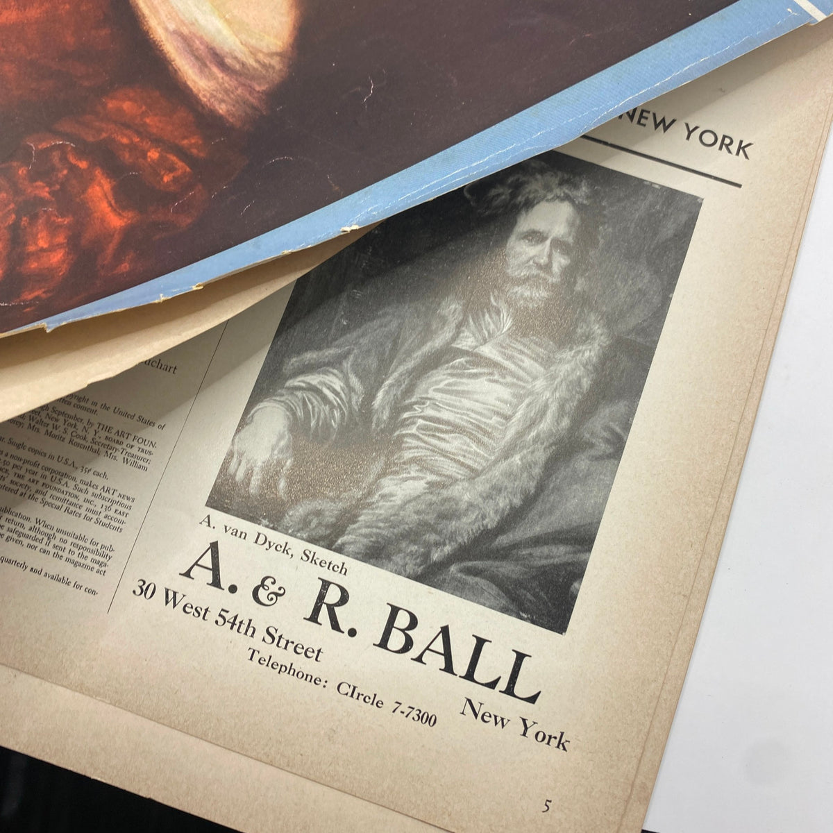 Inside page of VTG Art News Magazine October 15, 1942 showing A. van Dyck sketch advertisement for A. & R. Ball in New York.