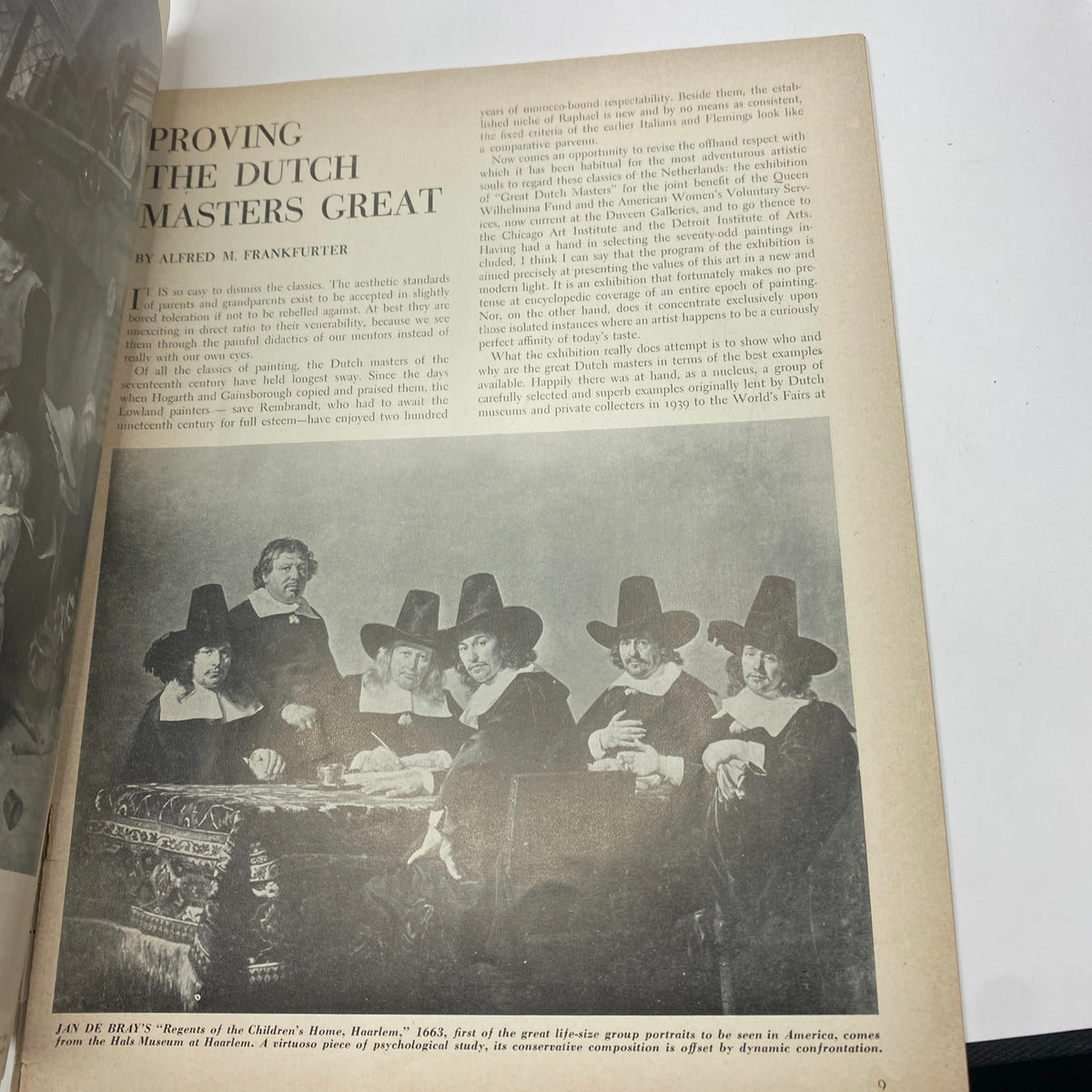 Illustration from VTG Art News Magazine October 15, 1942, featuring the article 'Proving the Dutch Masters Great' by Alfred M. Frankfurter, discussing Dutch artists and their significant influence.