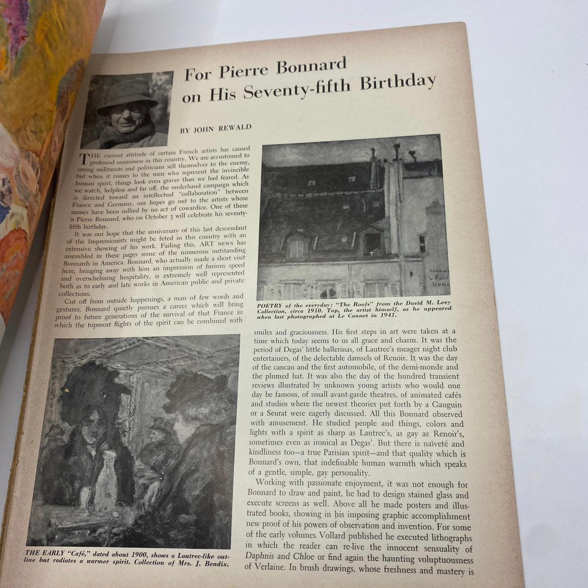 Article page from the VTG Art News Magazine October 1, 1942, about Pierre Bonnard celebrating his seventy-fifth birthday, featuring illustrations and text.