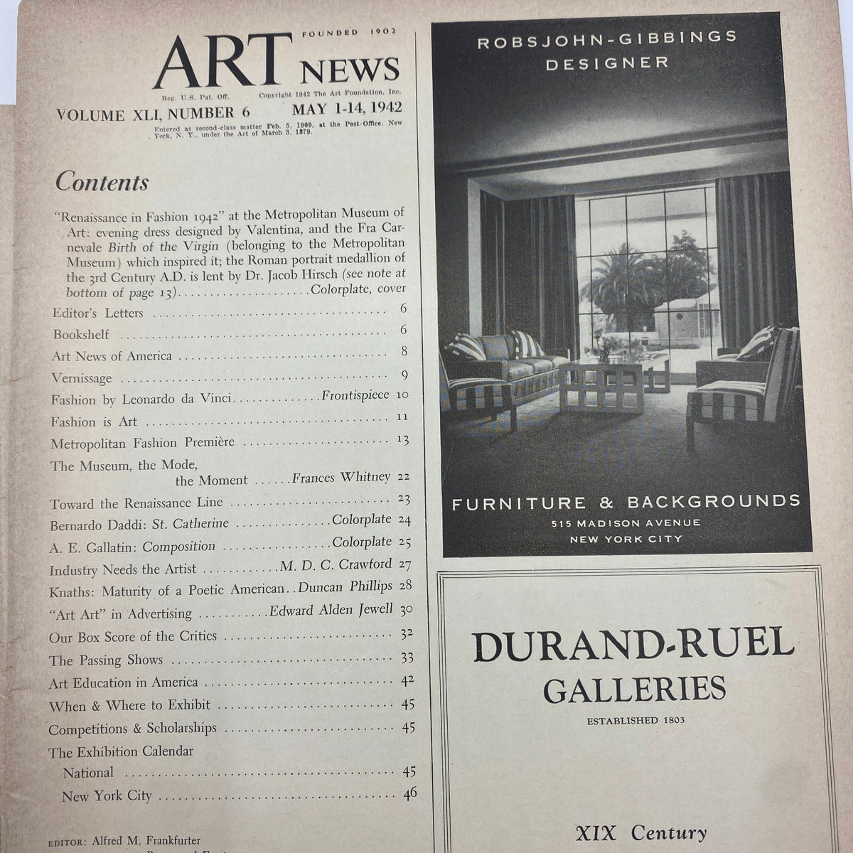 Vintage Art News Magazine May 1, 1942 Renaissance in Fashion 1942 No Label