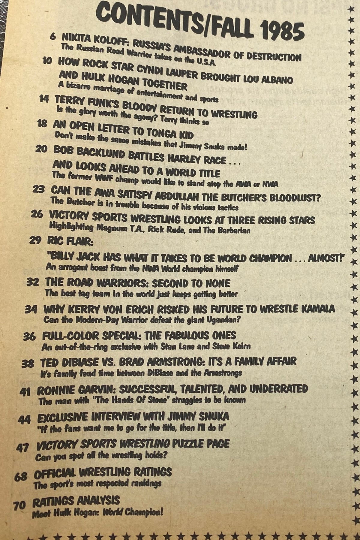 Table of contents from Vintage Victory Sports Wrestling Magazine Fall 1985, listing feature articles including Cyndi Lauper and Hulk Hogan.
