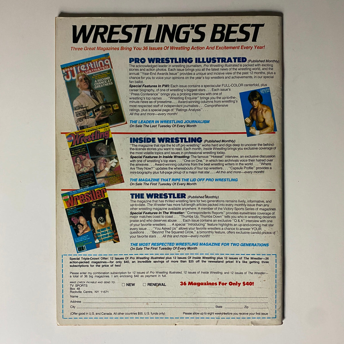 Back cover of the VTG Victory Sports Wrestling Magazine Fall 1985 featuring advertisements for wrestling magazines such as Pro Wrestling Illustrated, Inside Wrestling, and The Wrestler. The cover highlights subscription offers and showcases wrestling imagery, making it a valuable piece for collectors.