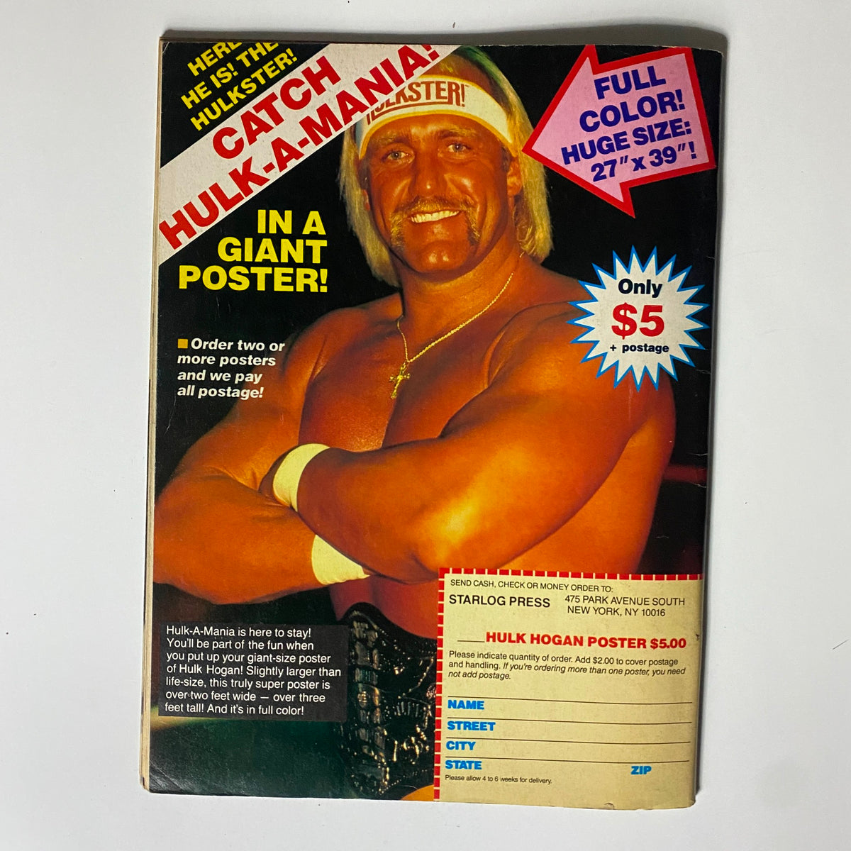 Ad page from the VTG Superstar Wrestler July 1986 magazine promoting a large Hulk Hogan poster alongside subscription details.