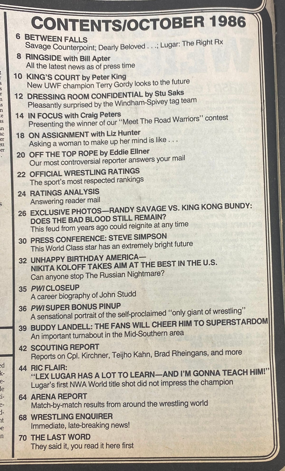 Contents page of Pro Wrestling Illustrated Magazine October 1986 detailing features including roster updates and interviews with wrestlers.