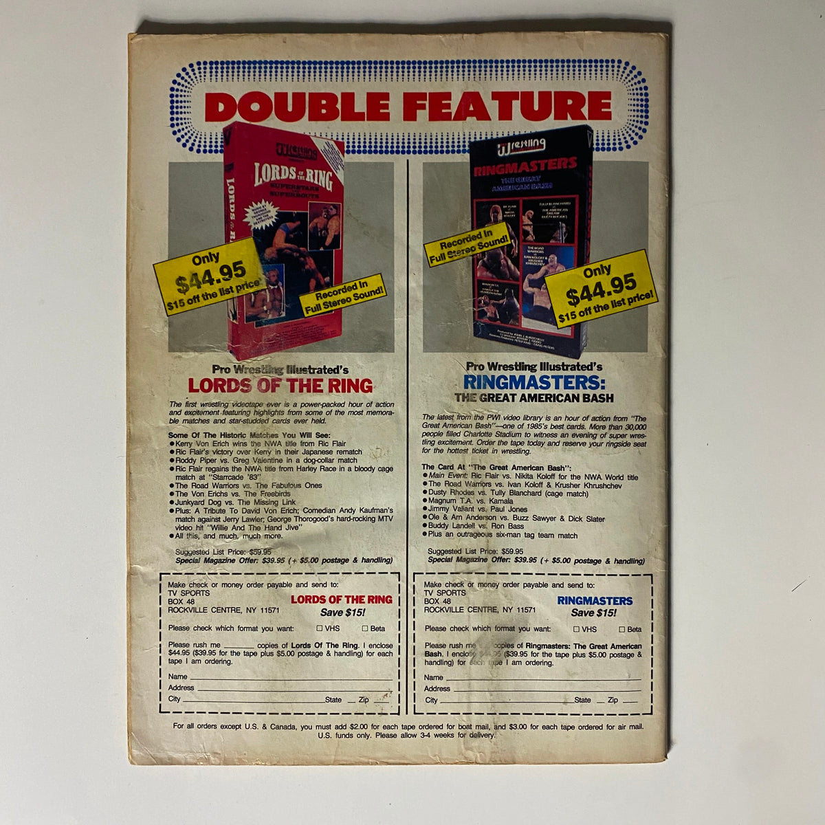 Back page advertisement from Pro Wrestling Illustrated Magazine October 1986 promoting double feature video offers for wrestling events.