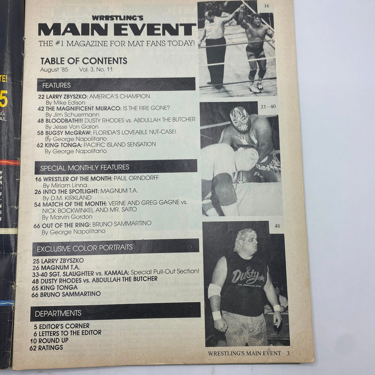 Table of contents page from Wrestling's Main Event August 1985, detailing features on wrestlers like Paul Orndorff and Dusty Rhodes, with special monthly features and exclusive color portraits.