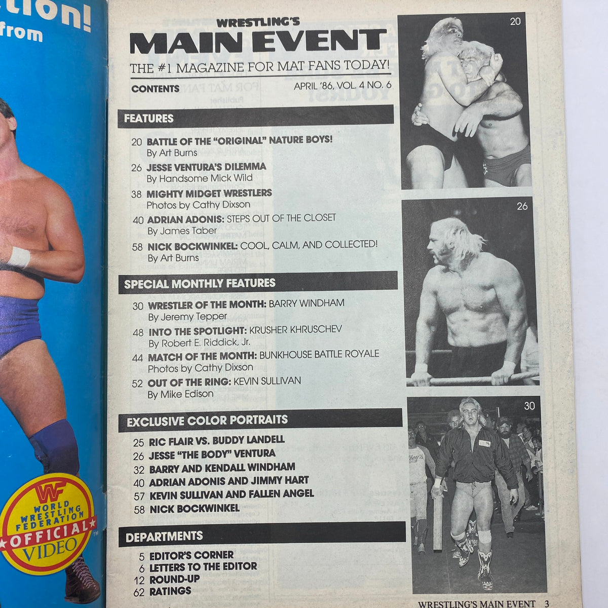 Contents page of VTG Wrestling's Main Event Magazine April 1986 showcasing features about Barry Windham, Jesse Ventura, and more, alongside exclusive color portraits and significant wrestling topics.