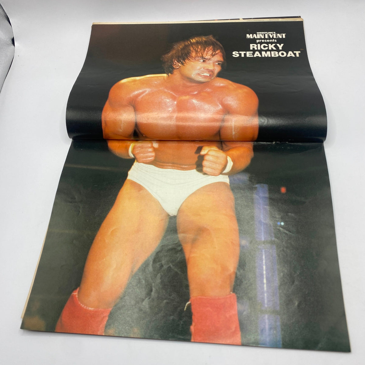 Centerfold feature of Ricky Steamboat in Wrestling's Main Event Magazine September 1985, displaying a striking photograph of the wrestling star.