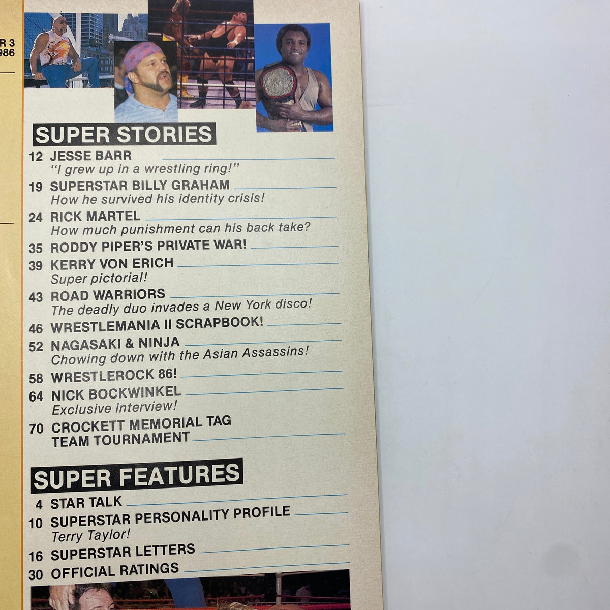Inside page of Superstar Wrestler Magazine August 1986 displaying a contents section with highlights of stories about wrestling stars like Jesse Barr and Roddy Piper.