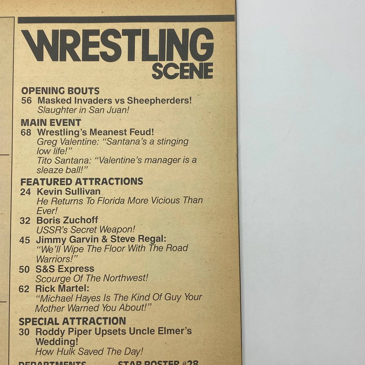 Table of contents from Wrestling Scene Magazine February 1986 detailing exciting matches and features including Masked Invaders vs Sheepherders, and wrestling legends like Tito Santana and Boris Zuchoff.