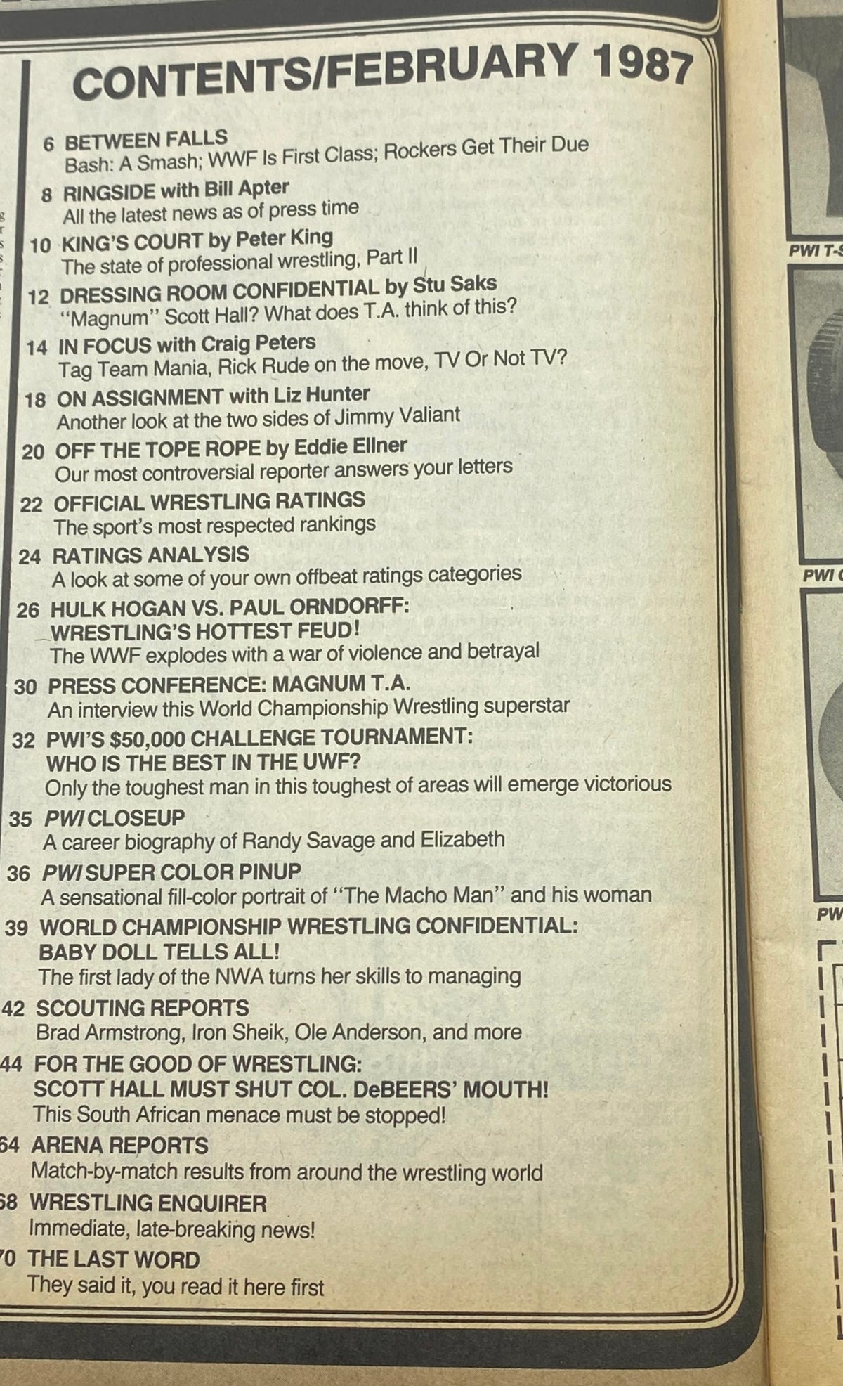 Contents page of Pro Wrestling Illustrated Magazine February 1987 detailing articles and features including Hulk Hogan vs. Paul Orndorff and Randy Savage biography.
