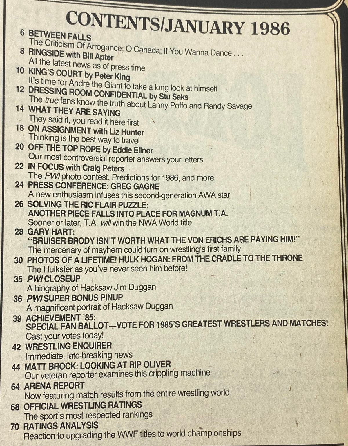 Table of contents from Pro Wrestling Illustrated Magazine January 1986, detailing articles and features about wrestling and Hulk Hogan.