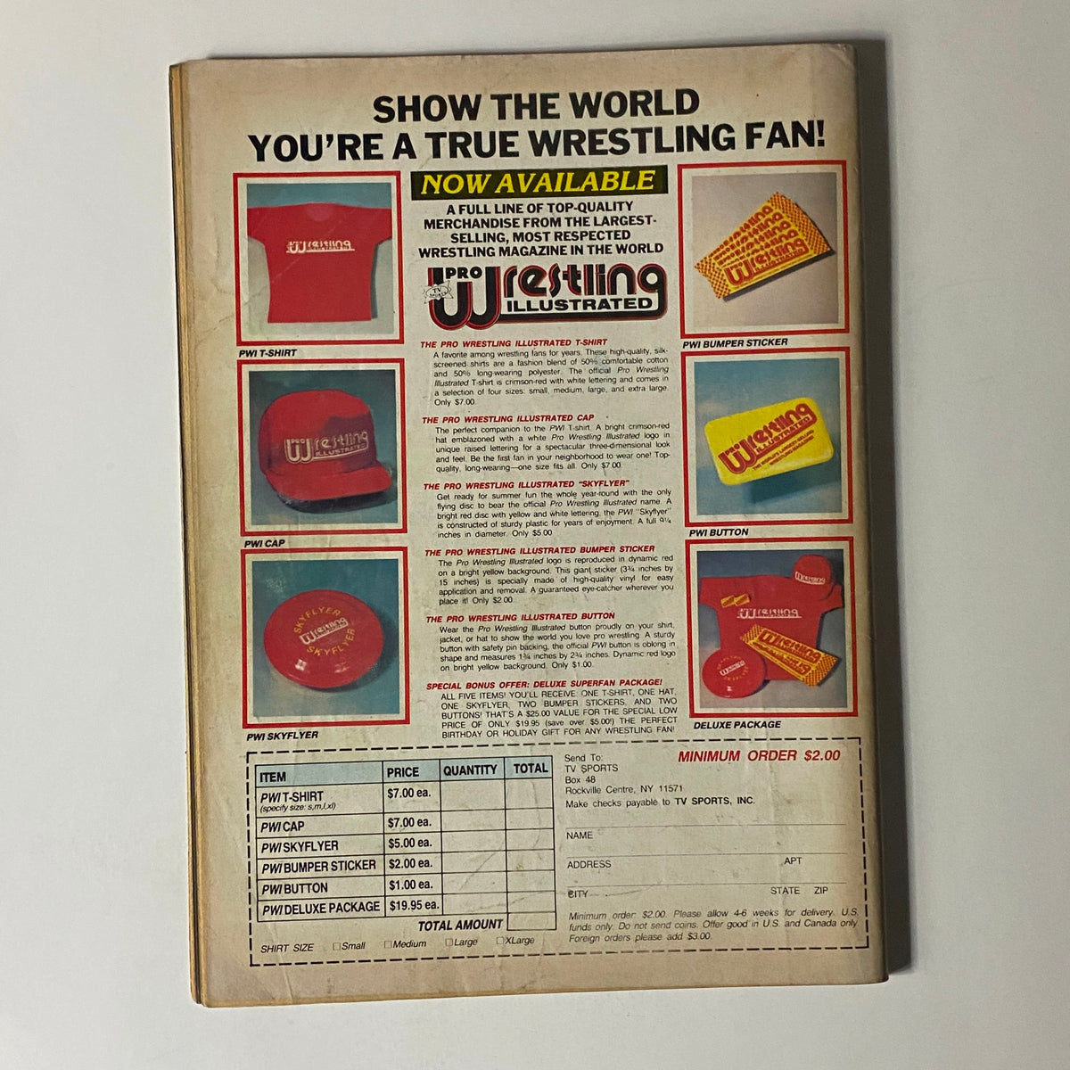 Back cover of Pro Wrestling Illustrated Magazine January 1986, displaying merchandise advertisement for wrestling fans.