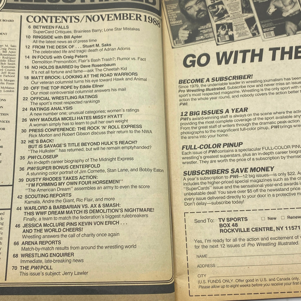 Contents page of Pro Wrestling Illustrated Magazine November 1988 featuring articles and features on the wrestling scene, including insights on wrestling legends and rankings.