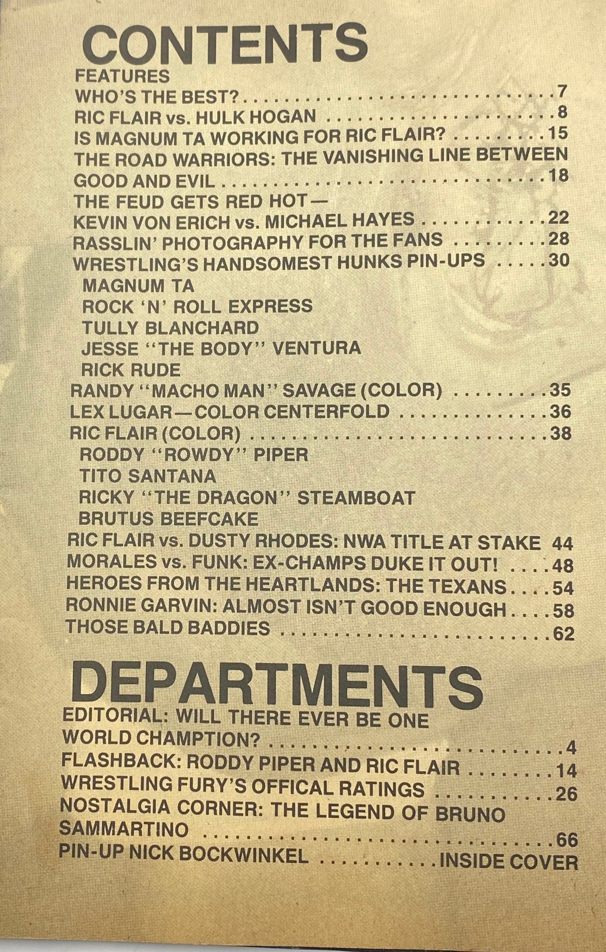 Contents page of Wrestling Fury Magazine December 1986 detailing the features such as articles on Hulk Hogan, Ric Flair, and wrestling events of the era.