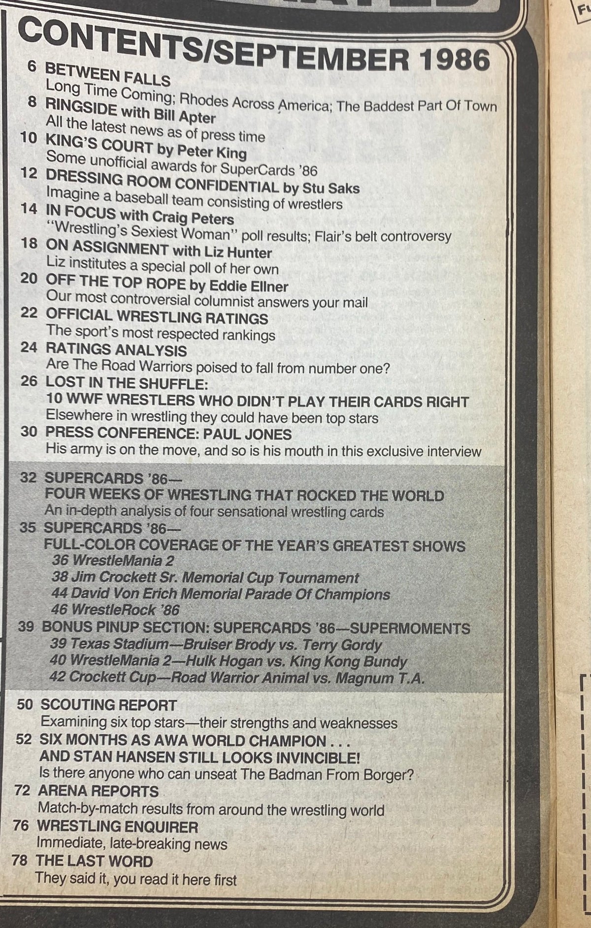 Table of contents from Pro Wrestling Illustrated Magazine September 1986, detailing articles and features about professional wrestling.