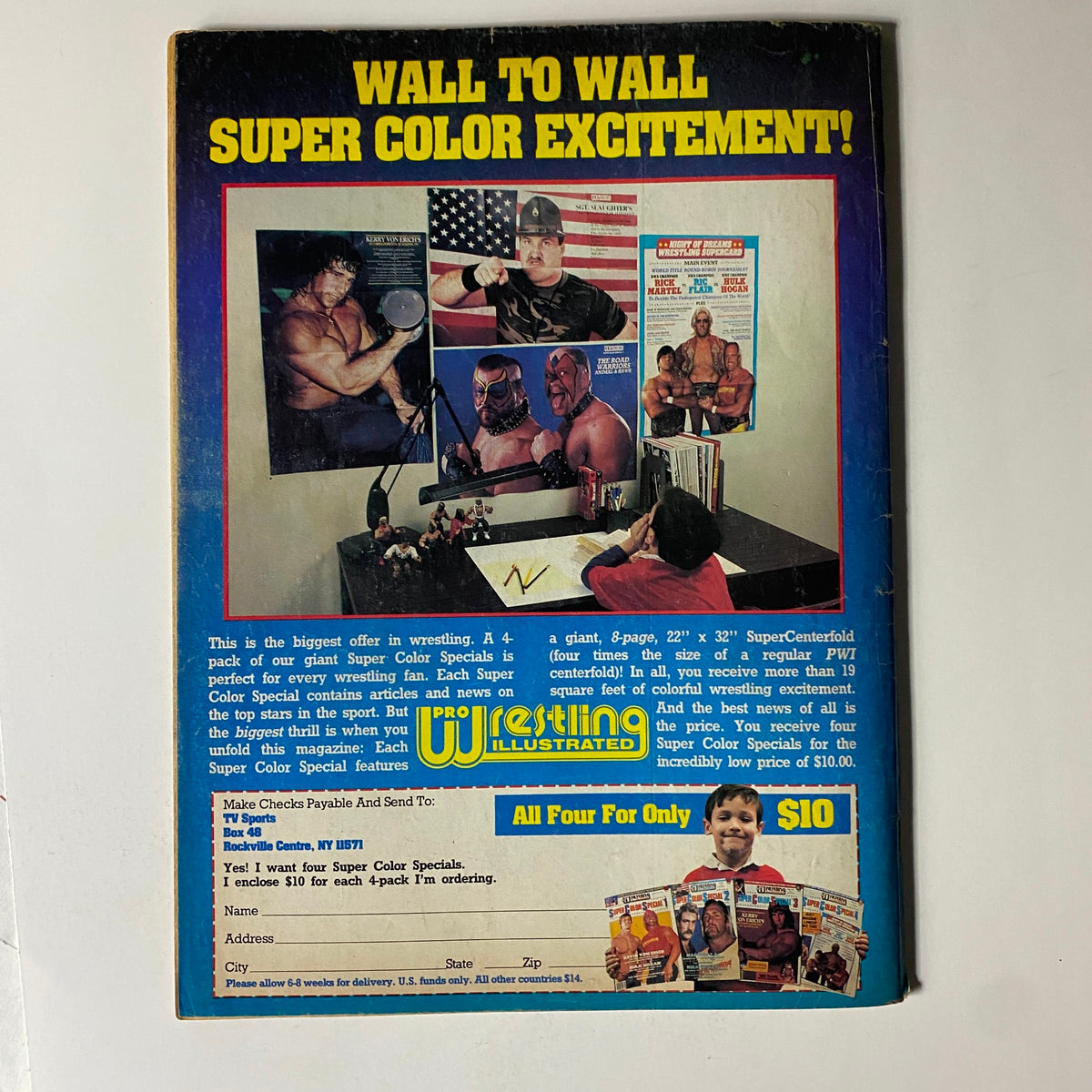 Back cover of Pro Wrestling Illustrated Magazine September 1986 promoting Super Color Specials in wrestling, featuring various wrestling stars.