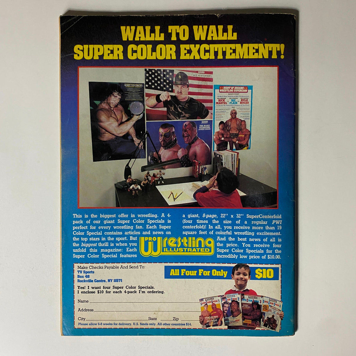 Back cover of Pro Wrestling Illustrated Magazine July 1986 promoting Super Color Specials. Features a display of various wrestling stars and an advertisement offering a four-pack of wrestling memorabilia for collectors.