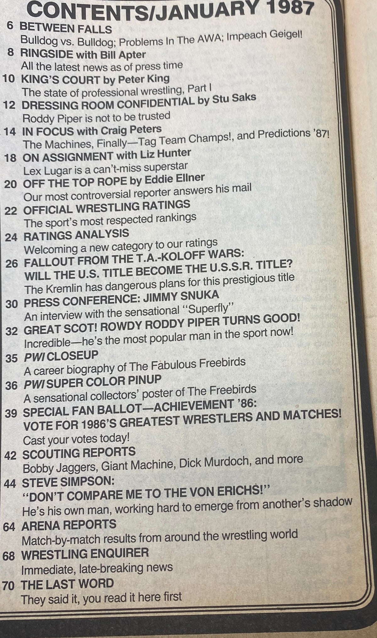 Contents page of Pro Wrestling Illustrated Magazine January 1987, highlighting articles including 'Dressing Room Confidential with Roddy Piper' and wrestling rankings.