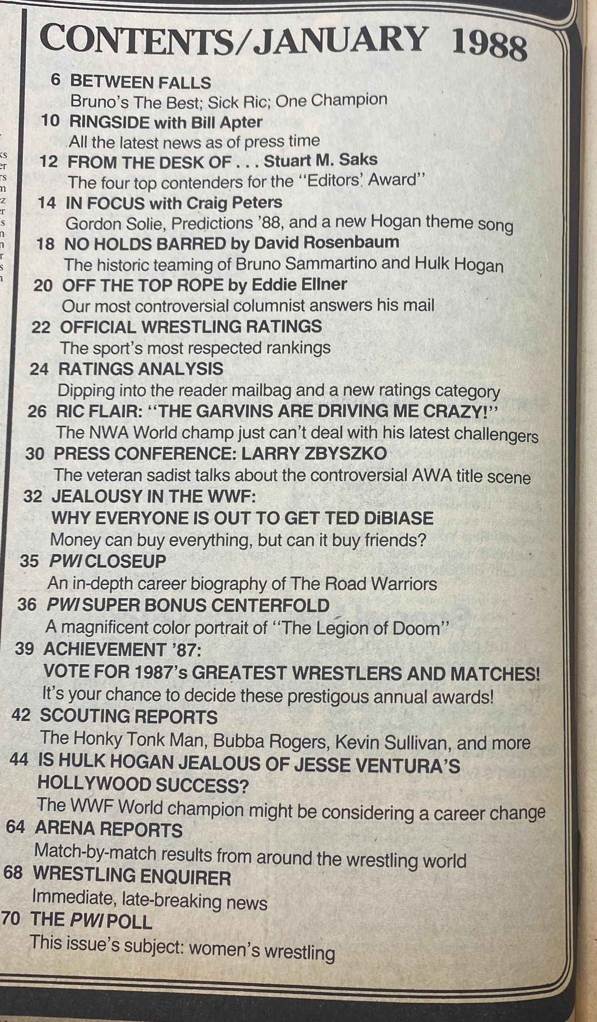 Contents page of Pro Wrestling Illustrated Magazine January 1988, detailing key articles and features including Ted DiBiase and wrestling rankings.