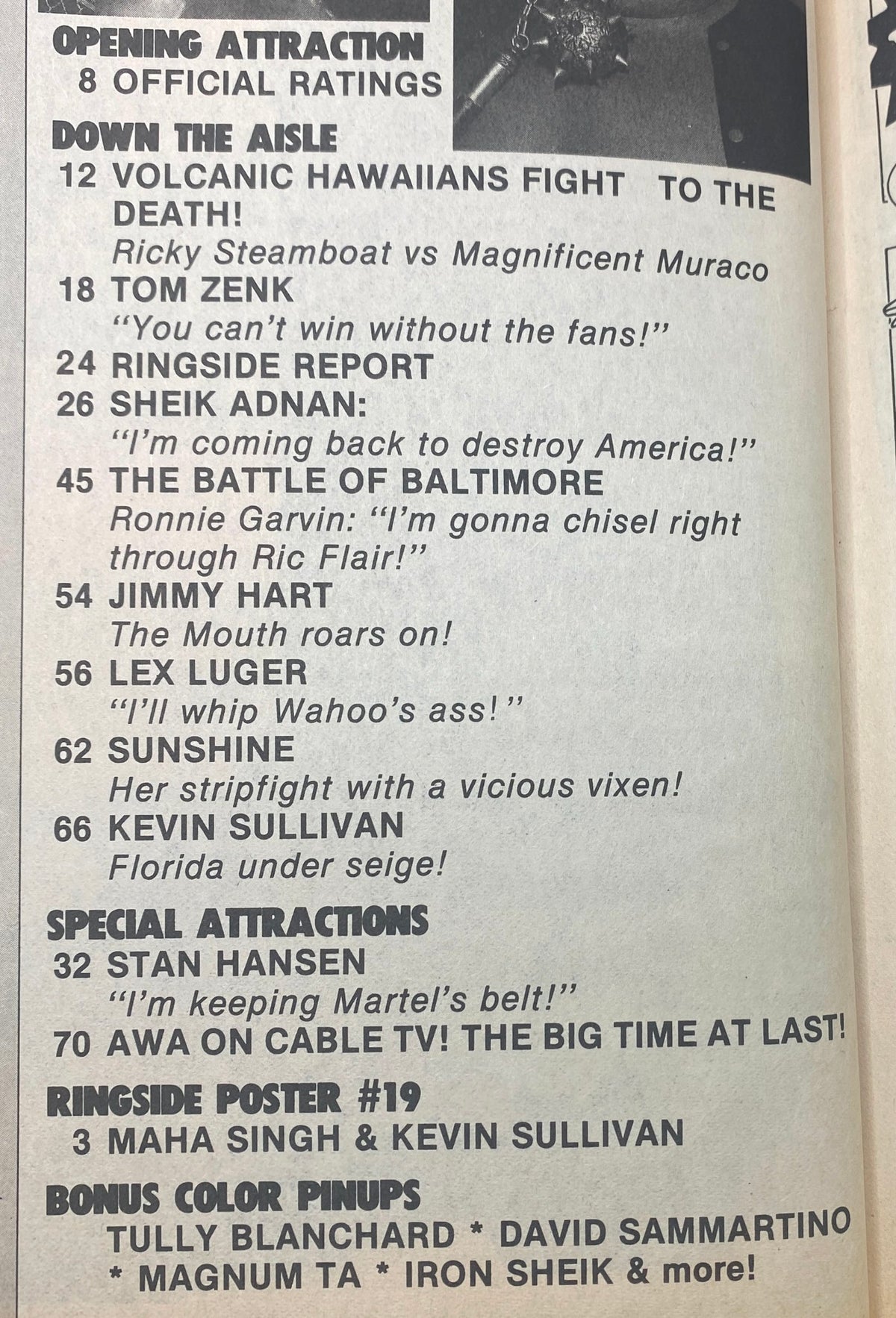 Inside page of Ringside Wrestling Magazine May 1986 listing articles about wrestling events and wrestlers, including Ricky Steamboat vs Magnificent Muraco and special features.