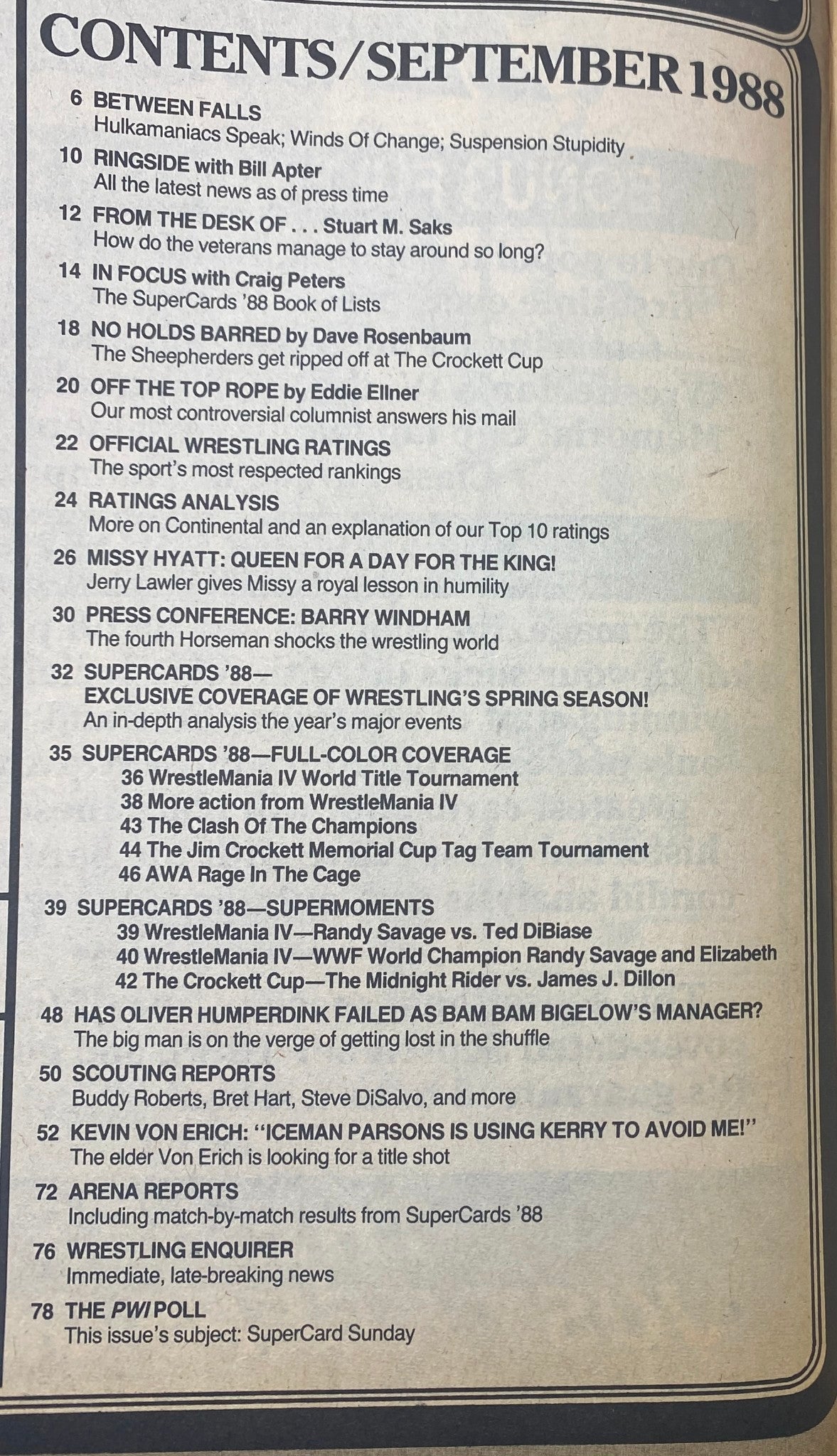Table of contents from Pro Wrestling Illustrated September 1988 detailing key articles, features, and match highlights from the wrestling world.