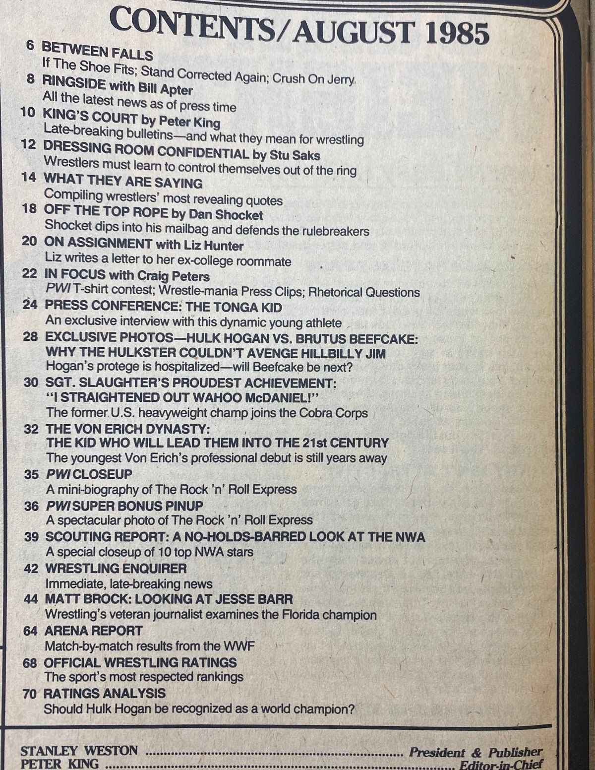 Pro Wrestling Illustrated Magazine August 1985 The Von Erich Dynasty No Label