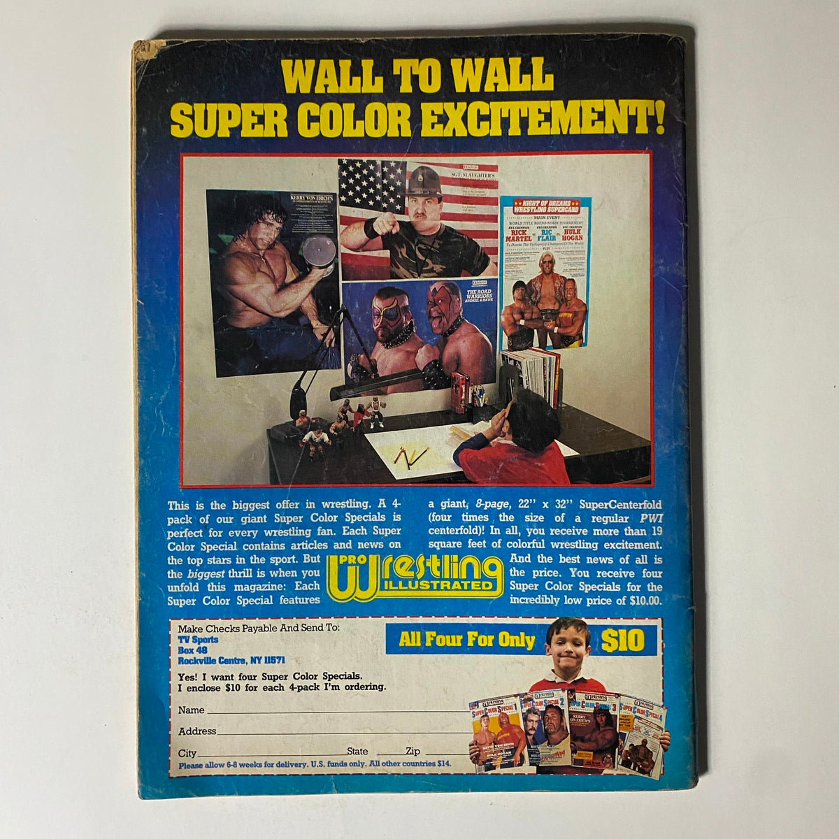 Back cover of the VTG Wrestling USA Magazine Summer 1986 showcasing colorful promotional content and an advertisement for wrestling merchandise.
