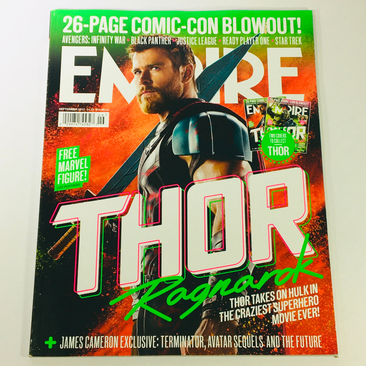 Empire Magazine from September 2017 featuring Chris Hemsworth as Thor on the cover, highlighting the film Thor: Ragnarok and showcasing promotional content for Marvel's superhero franchises.