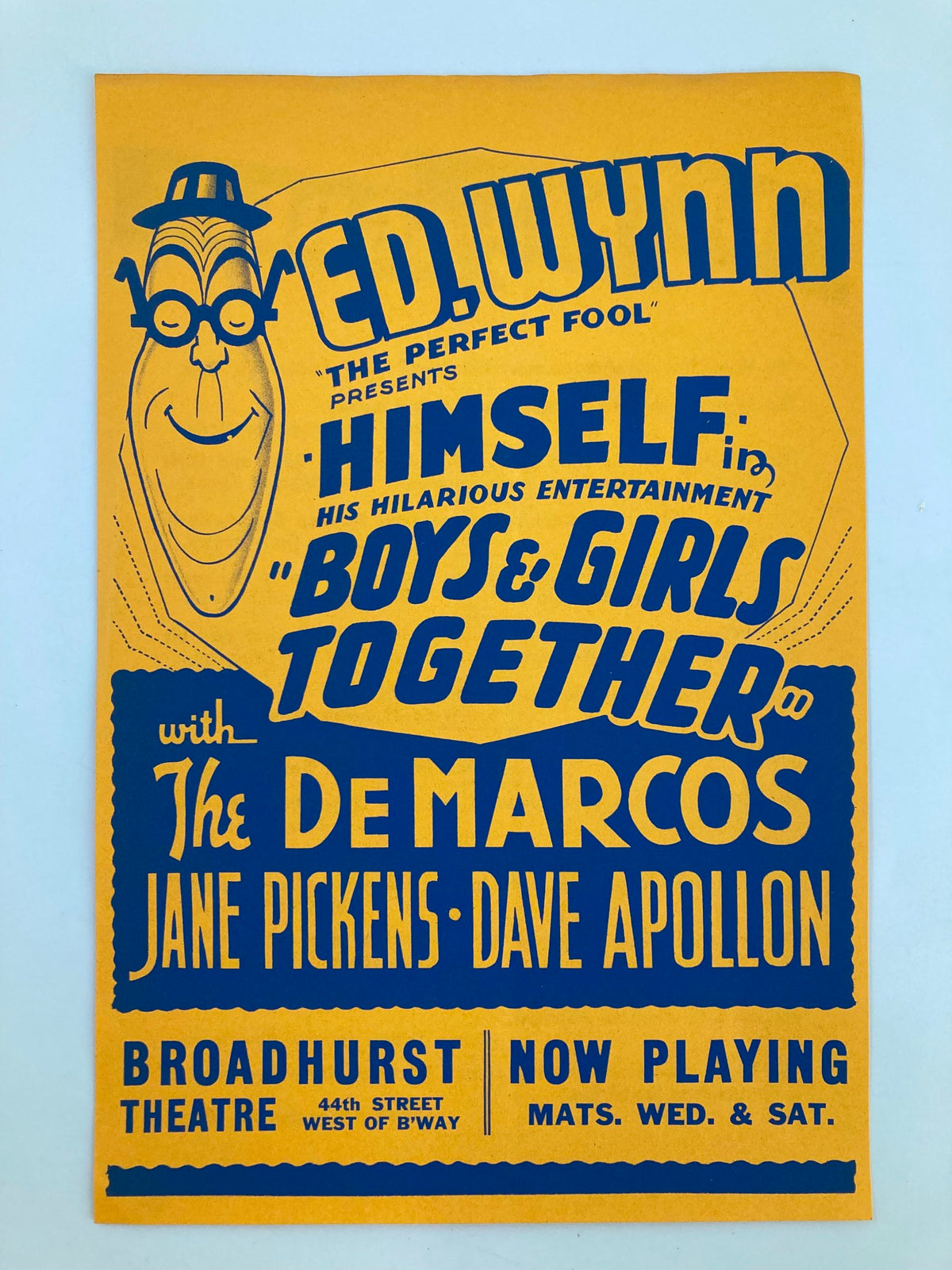 1940 Ed Wynn in Boys & Girls Together promotional poster featuring the DeMarcos, Jane Pickens, and Dave Apollon, showcasing vibrant typography and classic entertainment graphics.