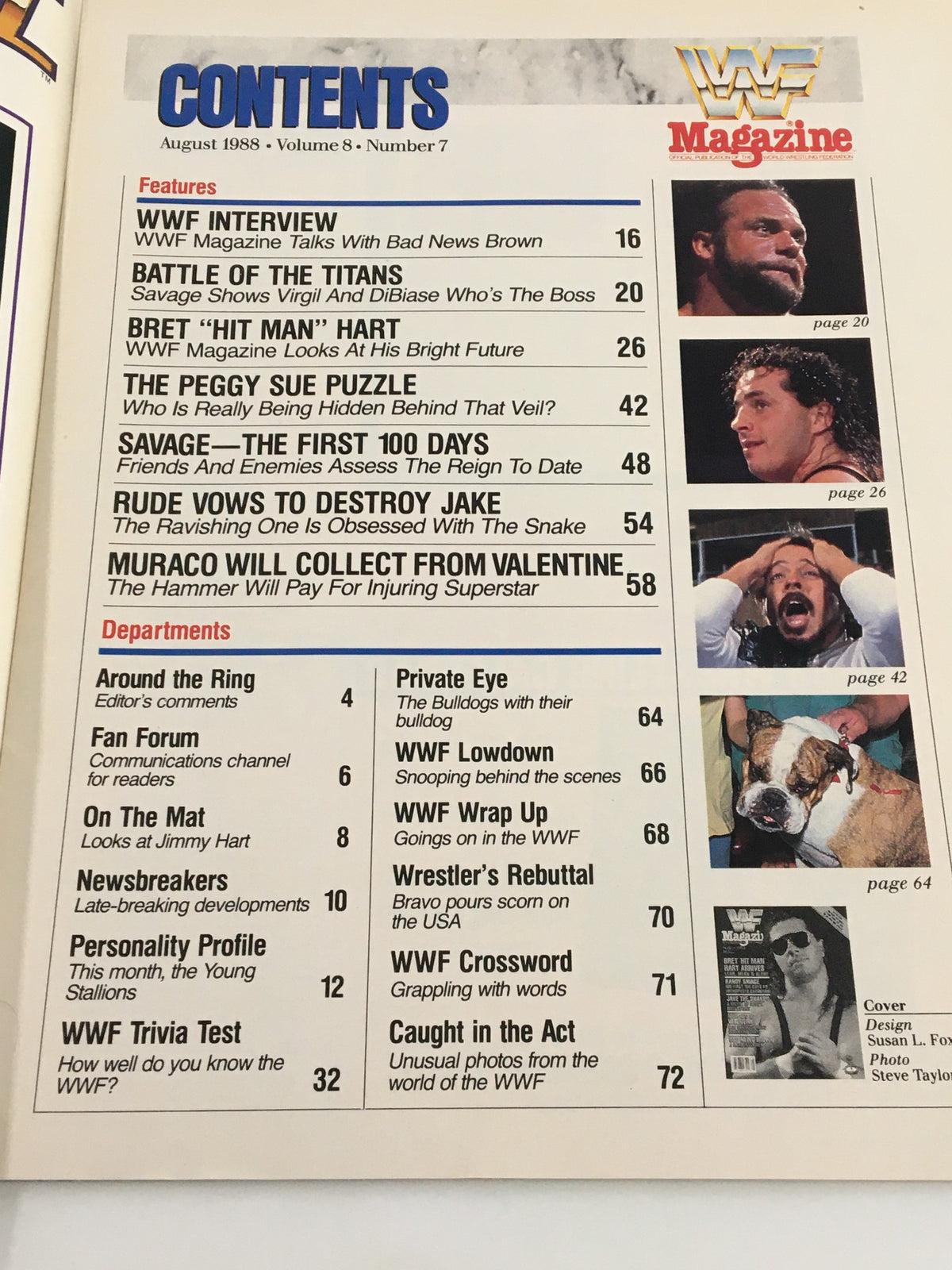 Contents page of VTG WWF Magazine August 1988 outlining featured articles including interviews with wrestlers and main events, alongside images of wrestling superstars.