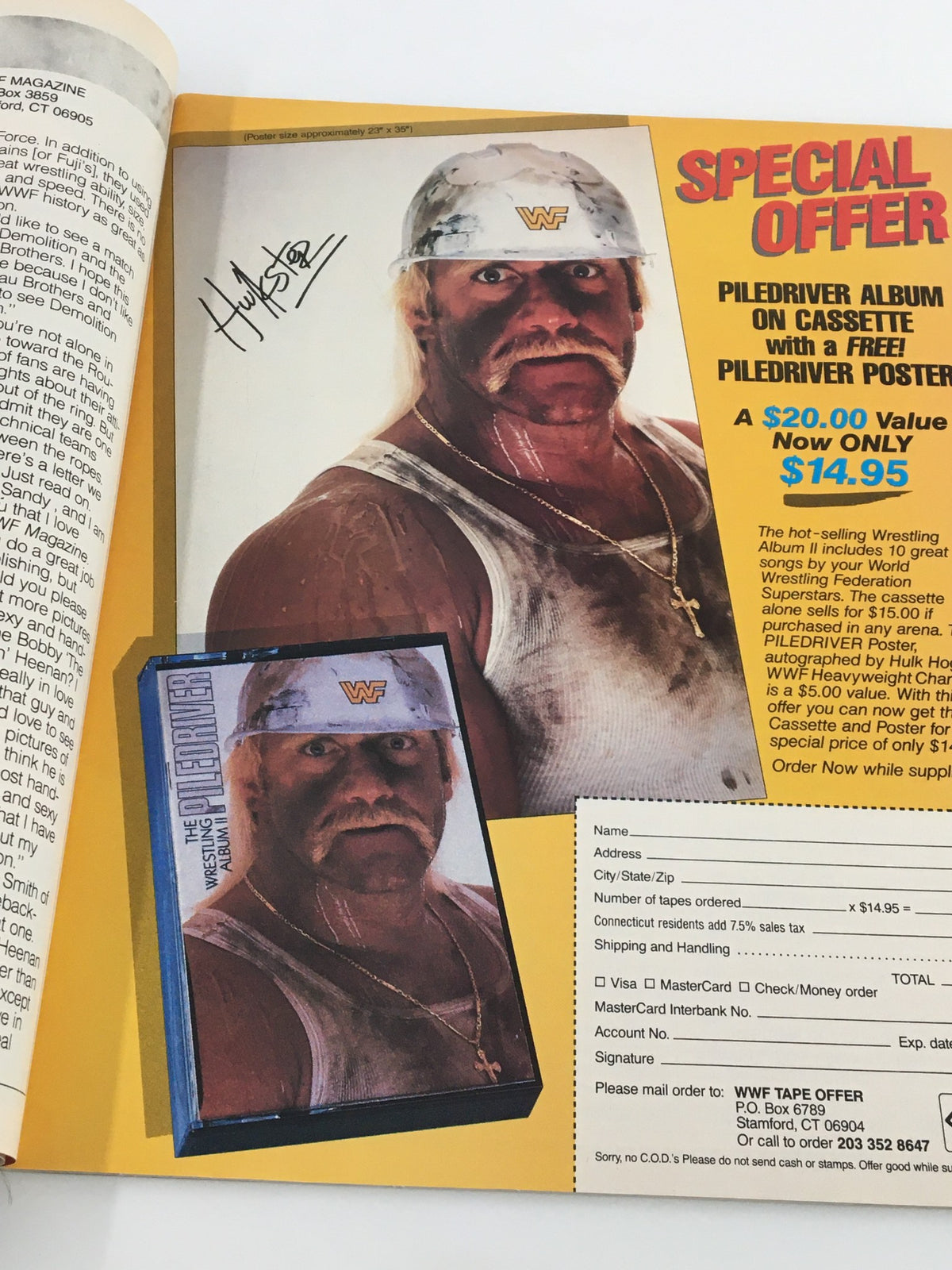 A promotional page from VTG WWF Magazine August 1988 offering a Piledriver album on cassette with autographed offer by Hulk Hogan, showcasing wrestling merchandise from the era.