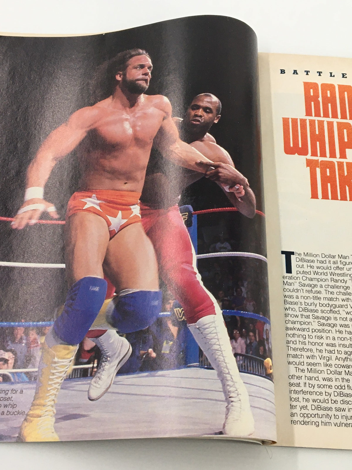 In-ring action depicted in VTG WWF Magazine August 1988, featuring Randy Savage in an intense match, emphasizing the dynamic wrestling style of the late 1980s.