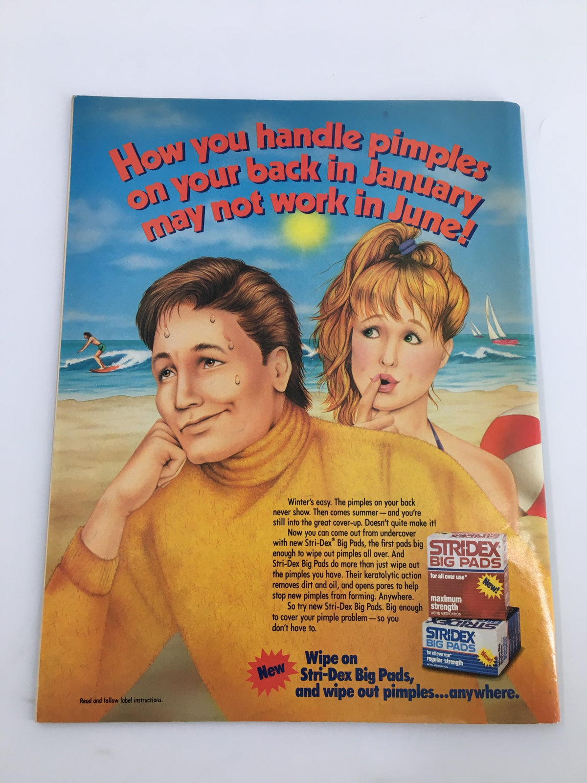Vintage ad from WWF Magazine July 1988, showcasing a playful illustration of two characters discussing skin care. The title reads 'How you handle pimples on your back in January may not work in June!' highlighting Stri-Dex Big Pads.