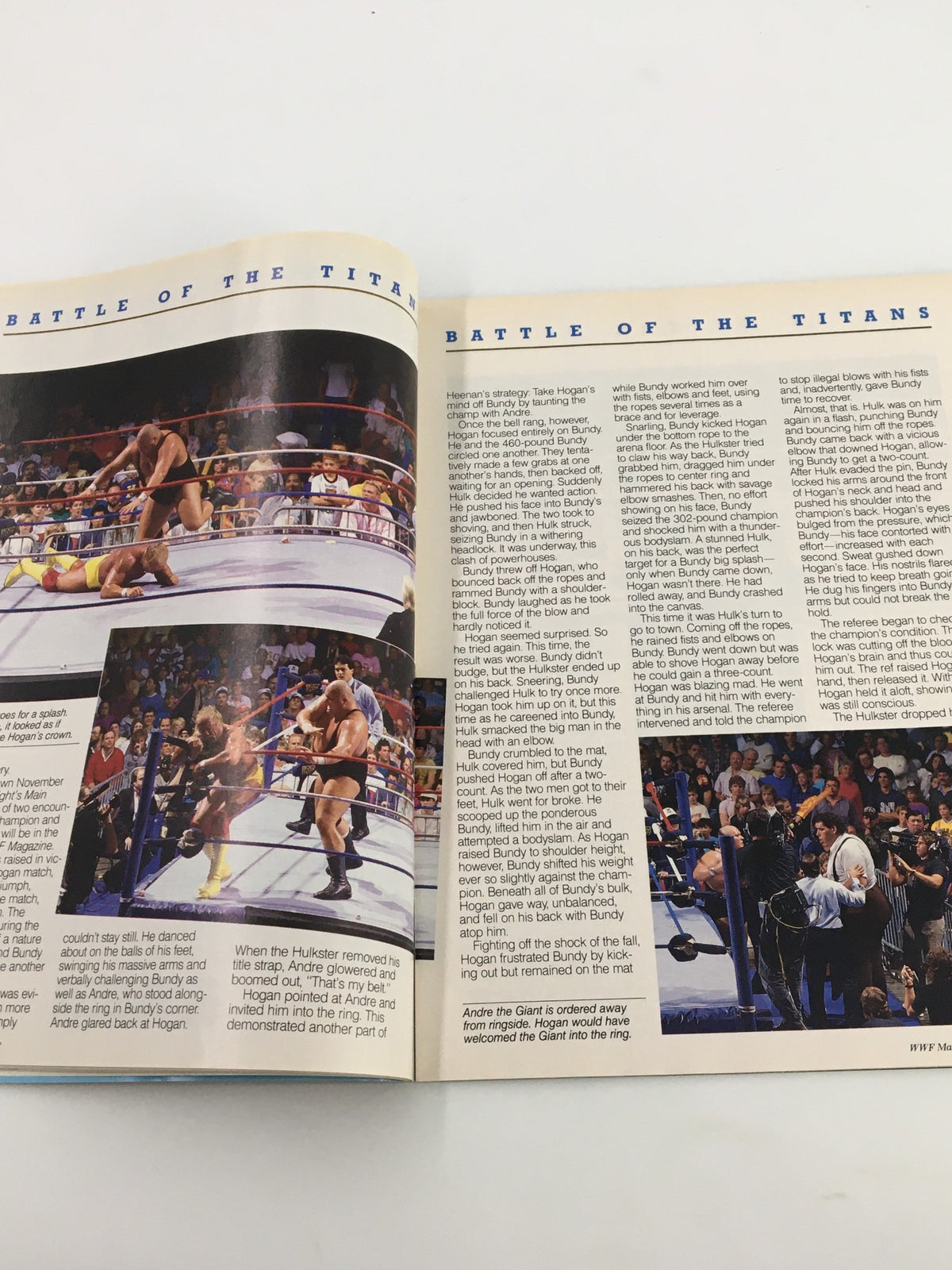 Inside spread from the VTG WWF Magazine February 1988 discussing the match between Hulk Hogan and King Kong Bundy.