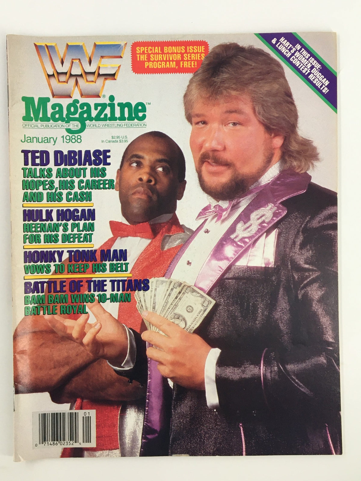 Cover of VTG WWF Magazine January 1988 featuring Hulk Hogan and Ted DiBiase. The magazine includes highlights on DiBiase's career, Hulk Hogan, and Honky Tonk Man. The issue carries the title 'Battle of the Titans' and is noted for being a special bonus issue with a Survivor Series program.