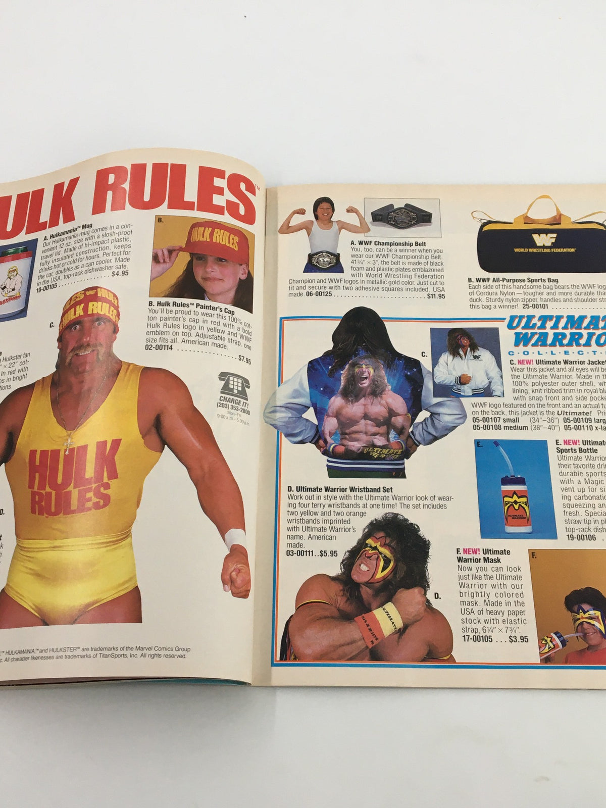 Promotional page from WWF Magazine showcasing merchandise including 'Hulk Rules' items, highlighting apparel and memorabilia featuring popular wrestling icons for fans.