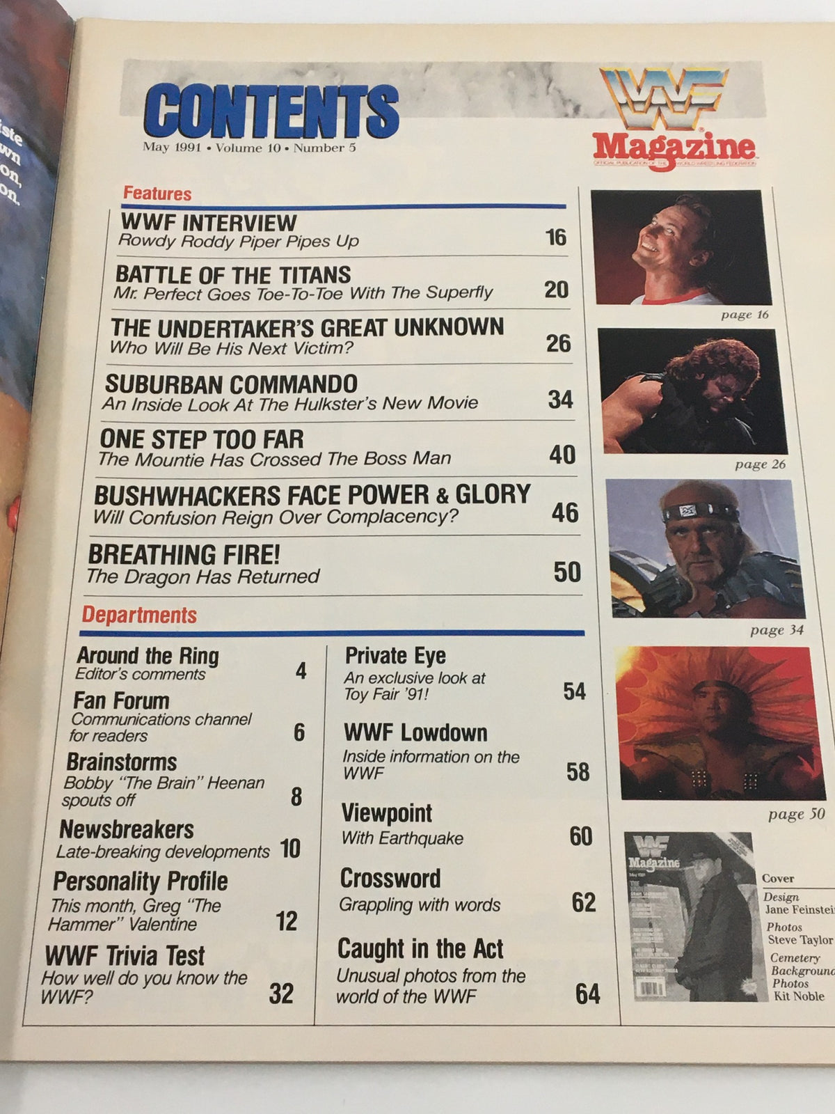 Contents page of May 1991 WWF Magazine highlighting features including interviews and articles on wrestling, including The Undertaker and Rowdy Piper.