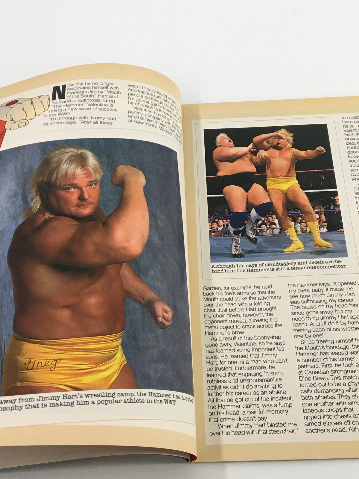 Inside pages of May 1991 WWF Magazine featuring Greg 'The Hammer' Valentine discussing his wrestling career with images of him performing.