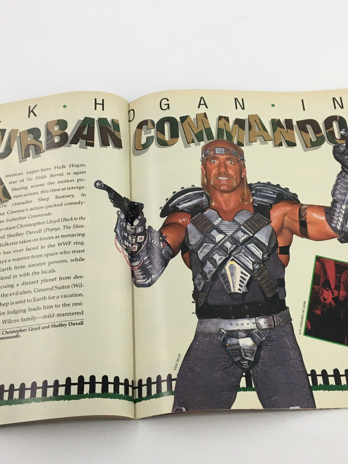 Inside pages of May 1991 WWF Magazine featuring Hulk Hogan in Urban Commando, promoting his role as a hero in the film.