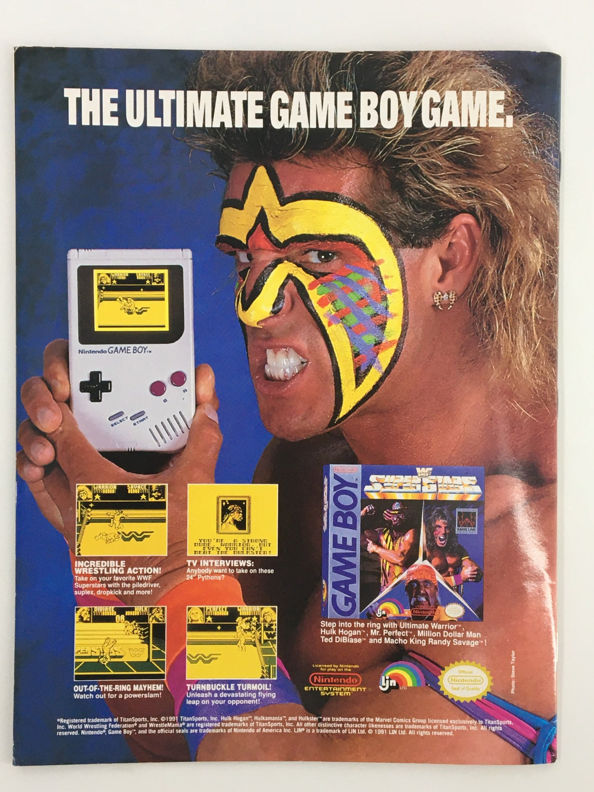 Back cover of May 1991 WWF Magazine showcasing the Ultimate Warrior with a Game Boy, promoting a wrestling video game.