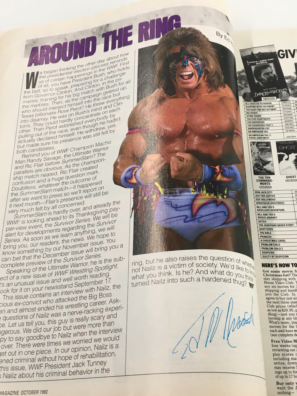 VTG WWF Magazine October 1992 showcasing the Ultimate Warrior with a column titled 'Around the Ring,' discussing wrestling politics and featuring a signature.