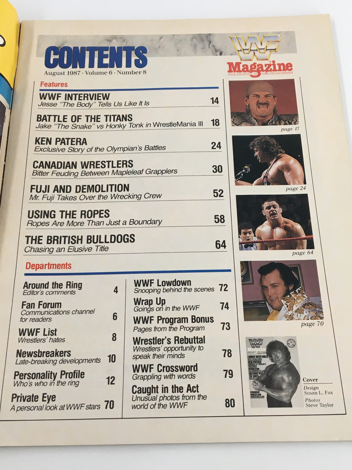 Contents page of VTG WWF Magazine August 1987 detailing features like WWF Interview and articles on wrestling icons.