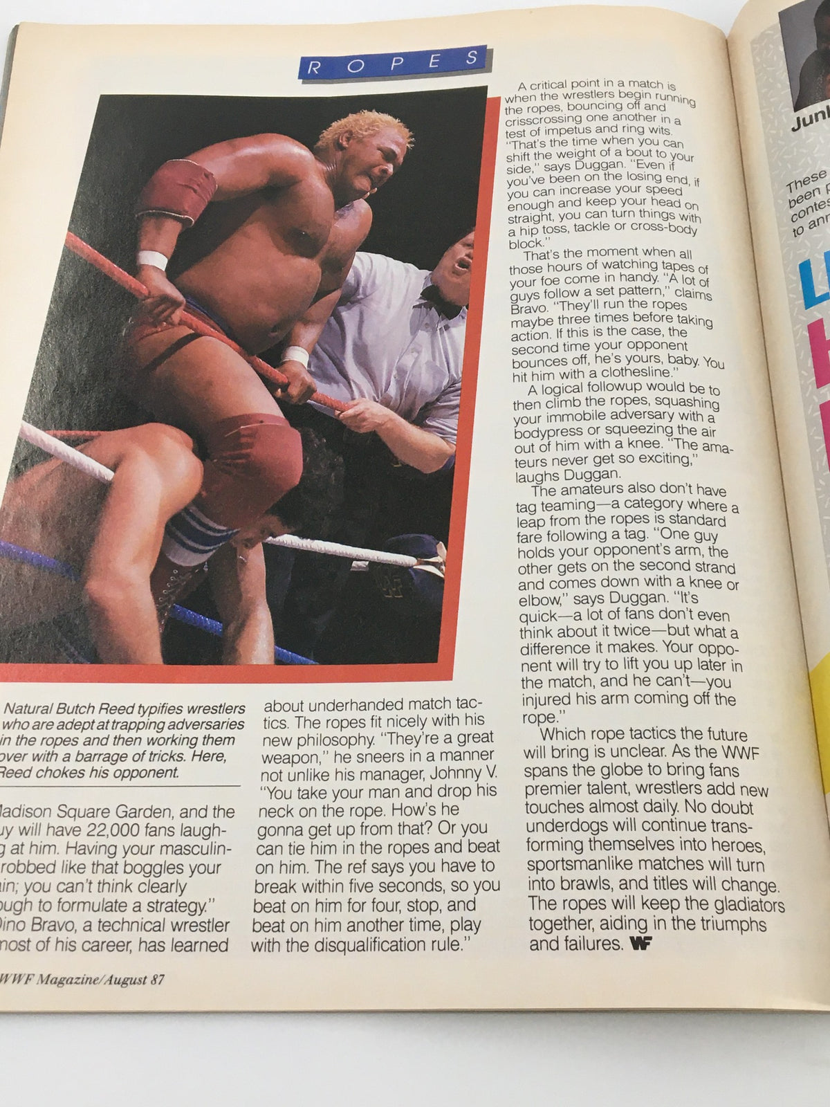 WWF Magazine August 1987 discussing wrestling tactics with a focus on the ropes, featuring Natural Butch Reed in a match scenario.