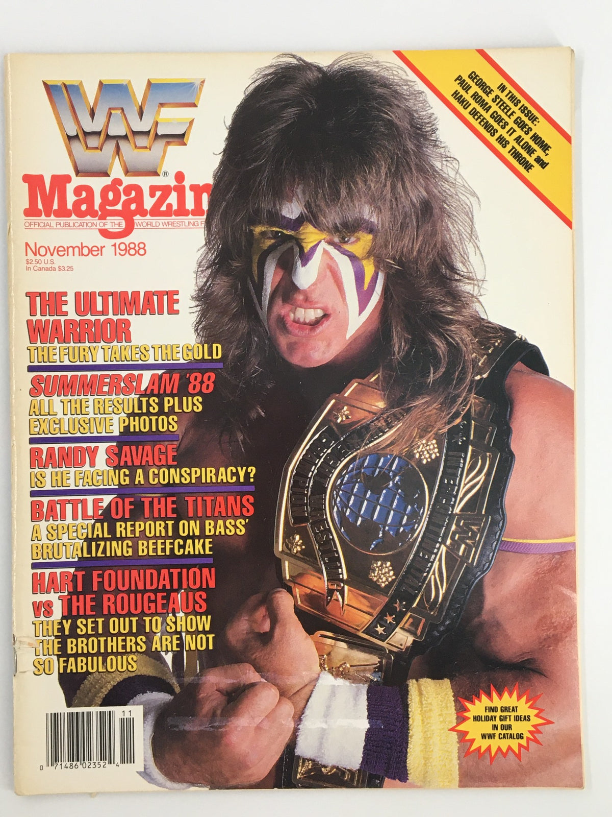 Vintage WWF Magazine from November 1988 featuring Randy Savage on the cover, showcasing wrestling icons and highlights from the era.