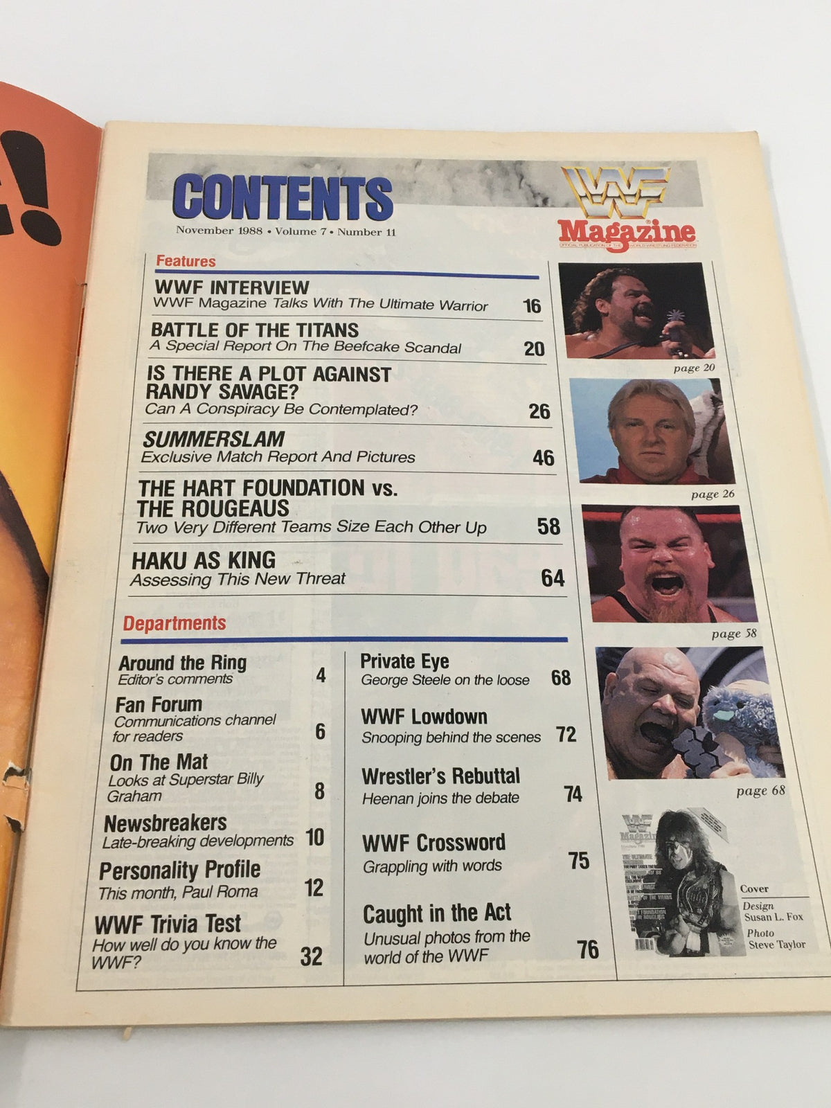 Inside contents page of the Vintage WWF Magazine November 1988, listing articles and features including The Ultimate Warrior and Hart Foundation.